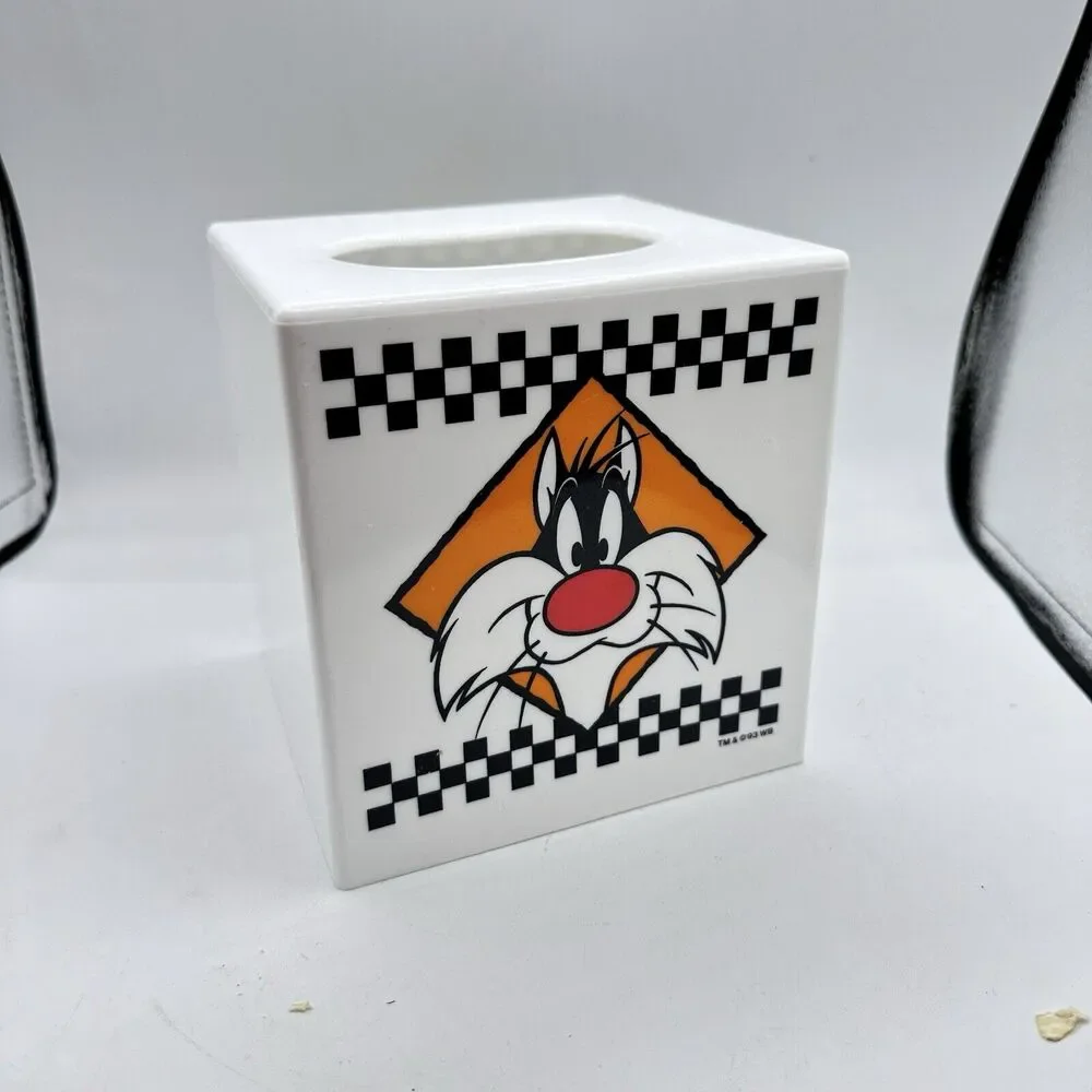 Vintage 90s Looney Tunes Tissue Box Plastic Holder Cover Tweety Bird Sylvester